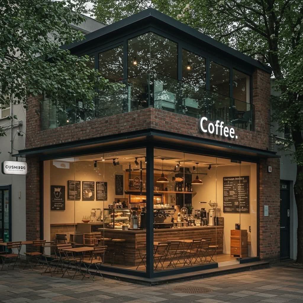 Cafe interior with warm wood and plants